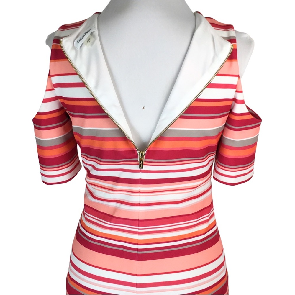 Calvin Klein HIBISCUS Pink Orange Striped Cold Shoulder A-Line Midi Dress size 6 - Picture 13 of 16